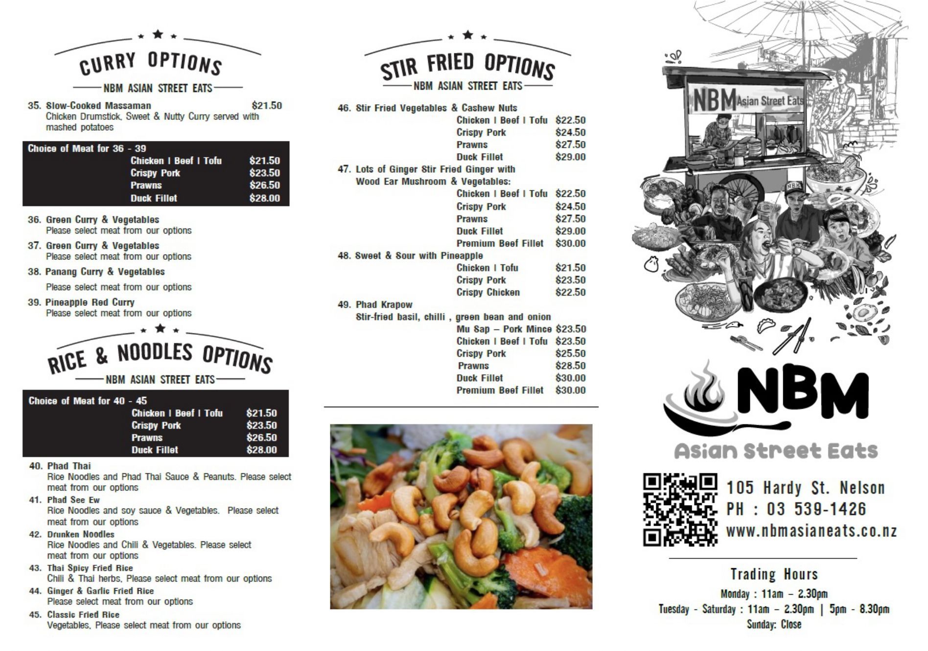 A menu for a restaurant called nbm asian street eats