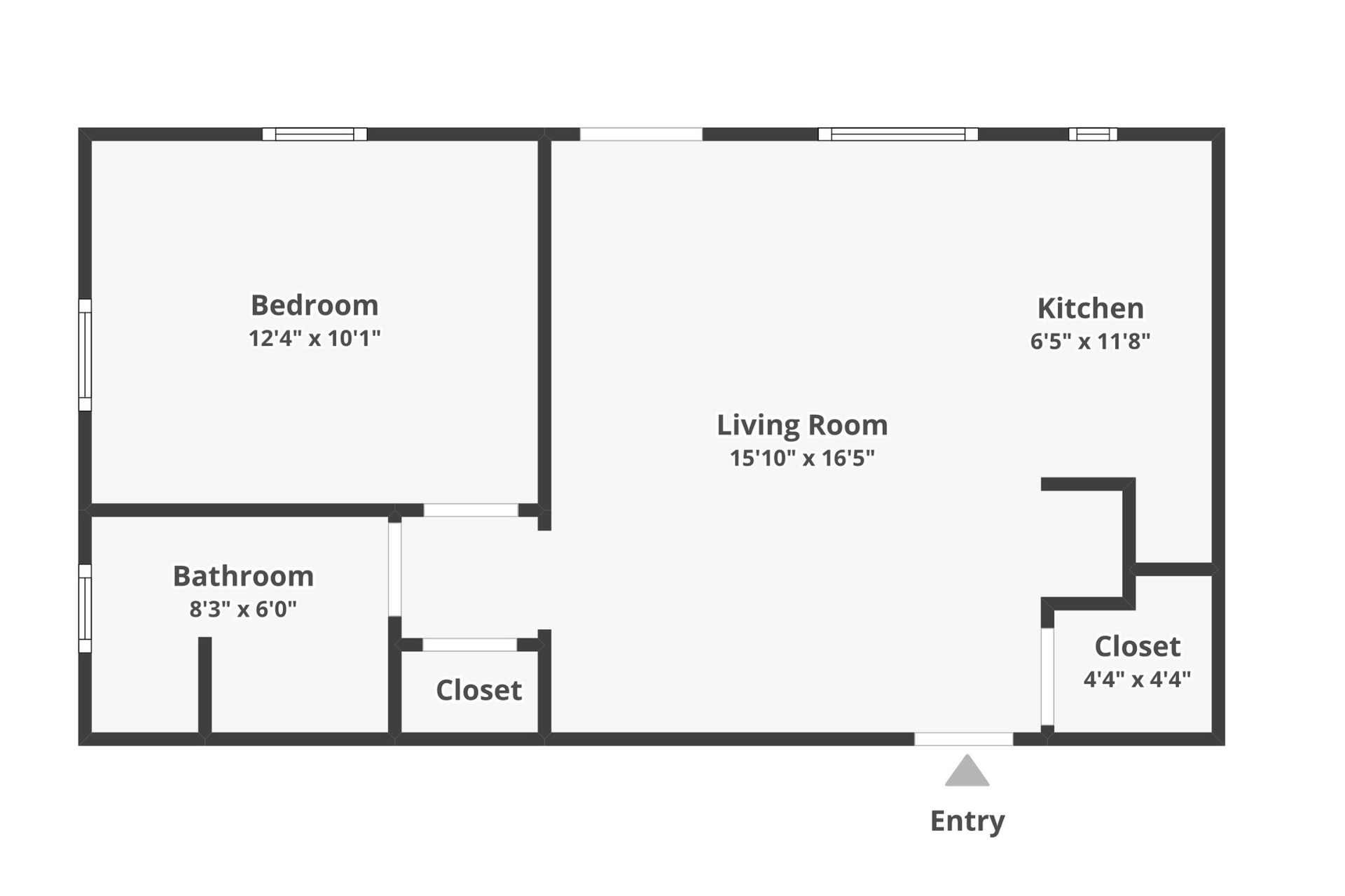Floor plan of a one-bedroom apartment with a bedroom, bathroom, kitchen, living room, and closet.