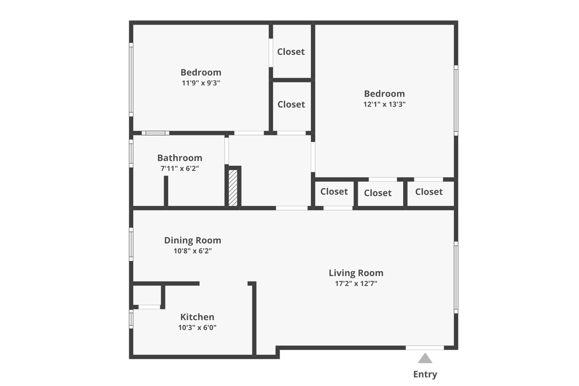 Floor plan of a two-bedroom apartment, including rooms, closets, and dimensions.