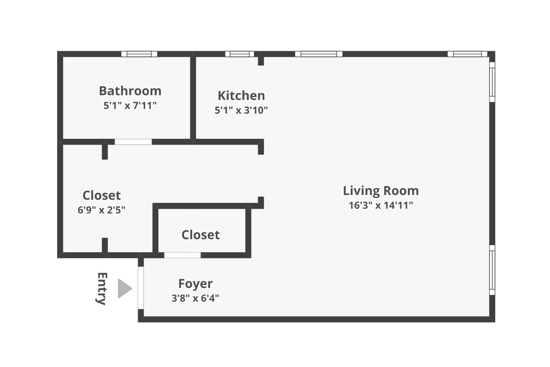 Floor plan of an apartment with a bathroom, kitchen, two closets, a foyer, and a living room.