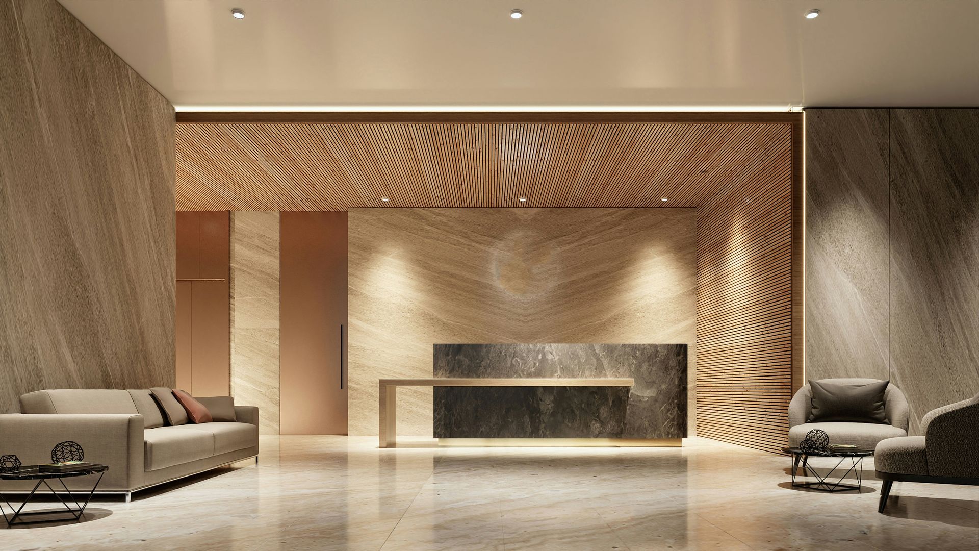 Elegant lobby with stone walls, decorative wood paneling, seating, and a reception desk.