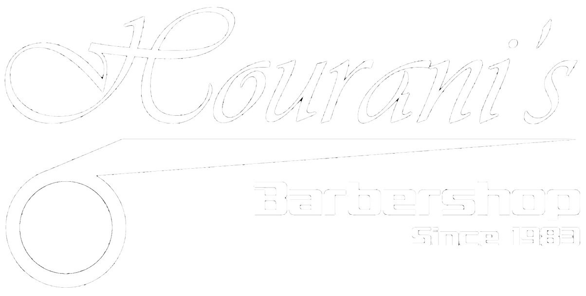 Logo for Hourani's Barbershop with stylized lettering, a barber's pole outline, and