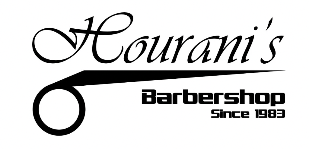 Logo for Hourani's Barbershop with stylized lettering, a barber's pole outline, and 