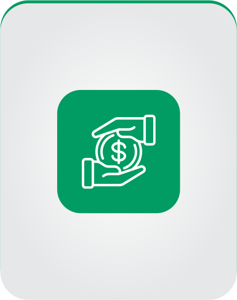 A green icon with two hands holding a dollar sign.