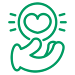 A green line drawing of a hand holding a heart shaped coin.
