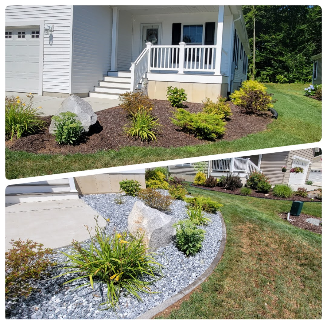 A before and after picture of a landscaping project in front of a house.