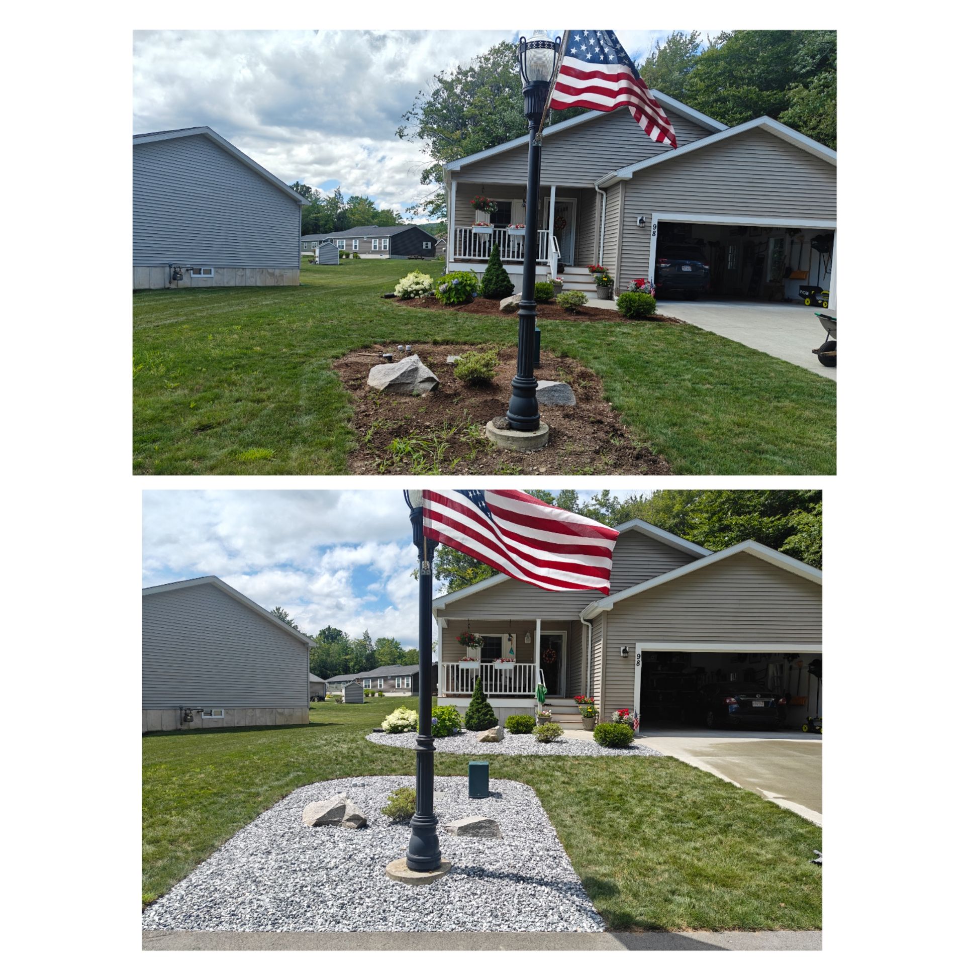 Two pictures of an american flag in front of a house