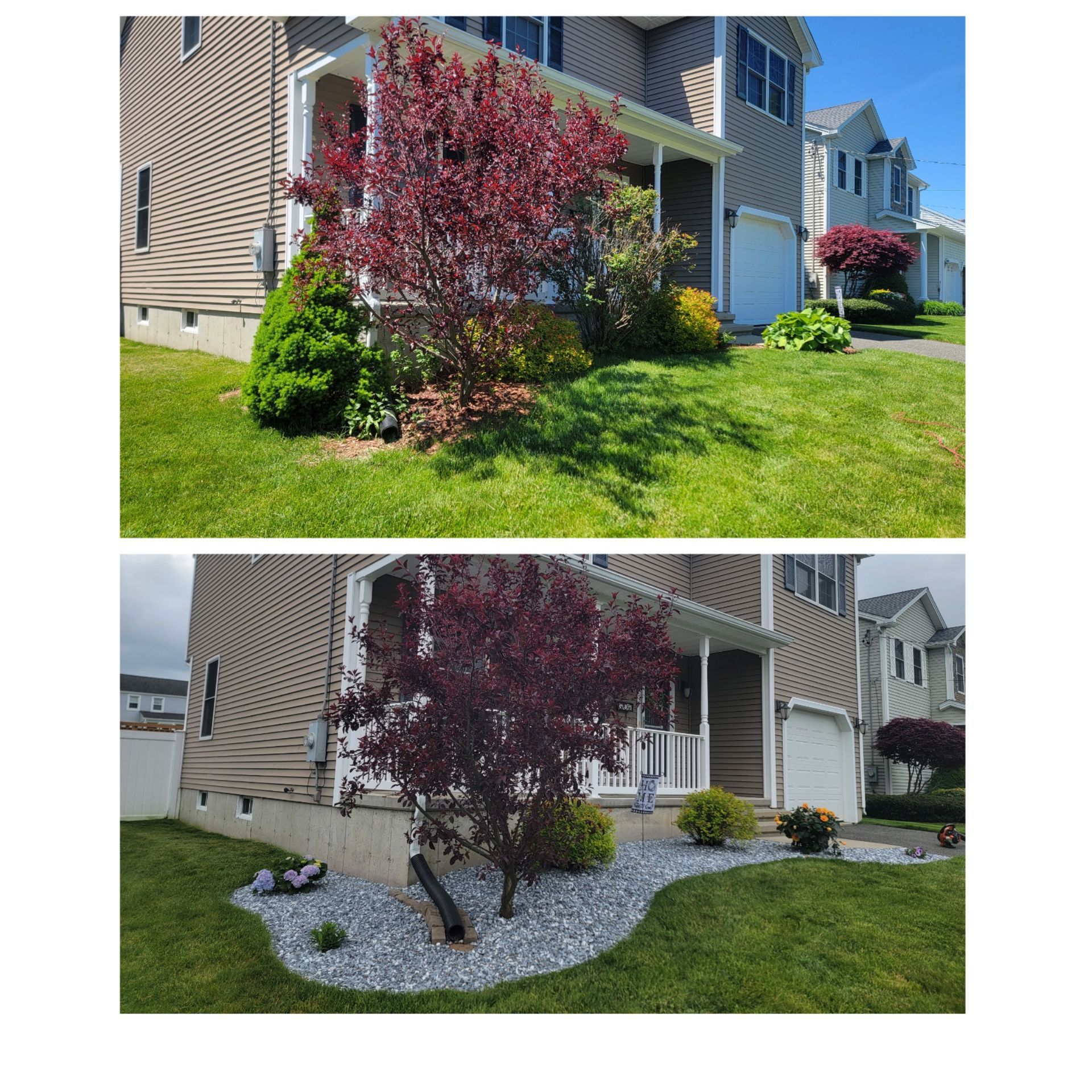 A before and after picture of a house with a tree in front of it
