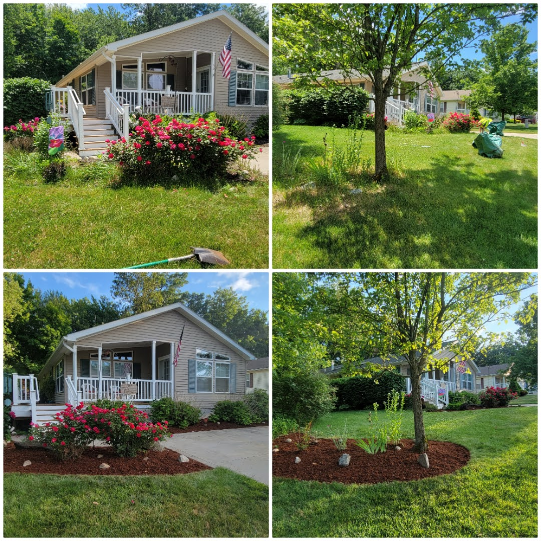 A collage of four pictures of a mobile home