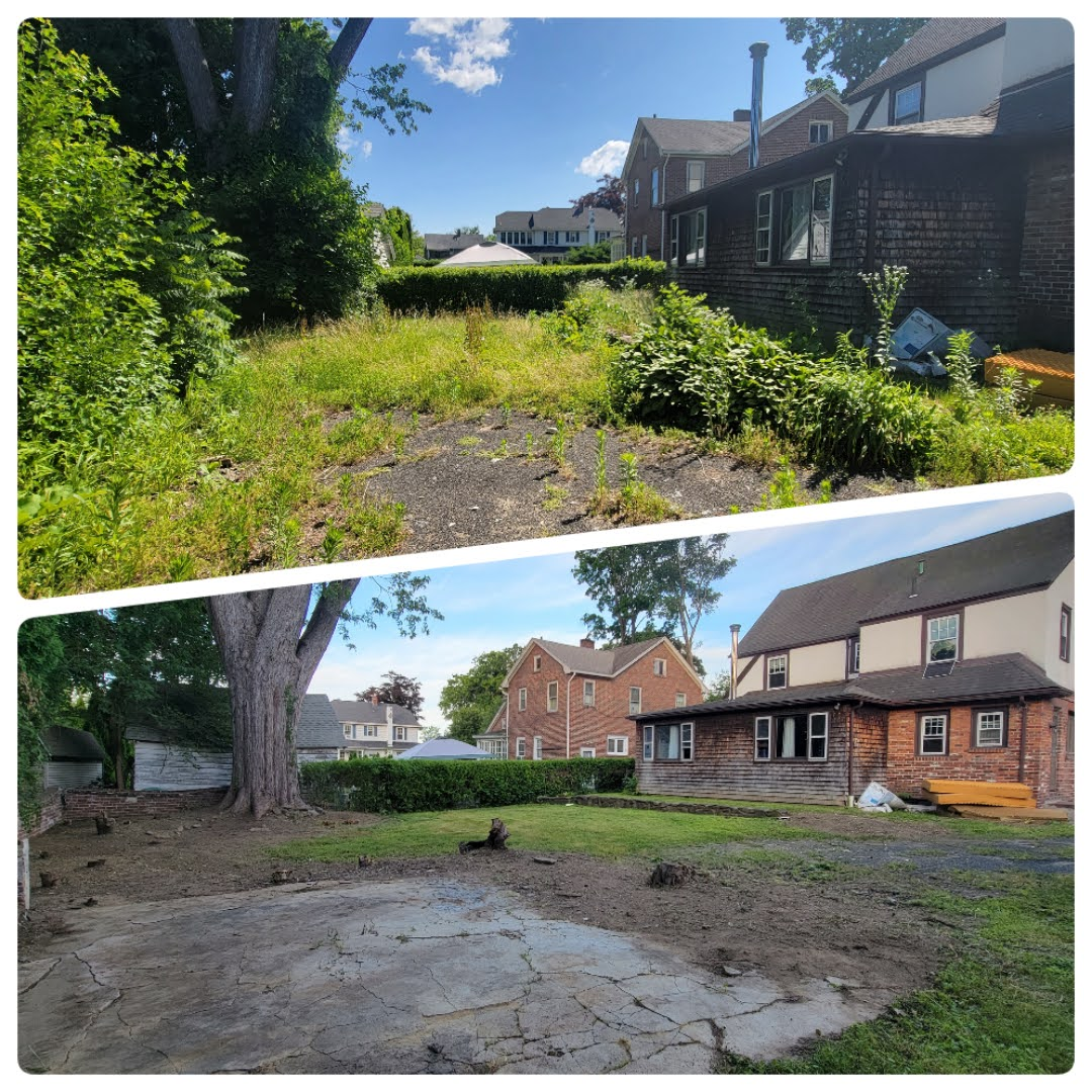 A before and after picture of a lawn and a house.