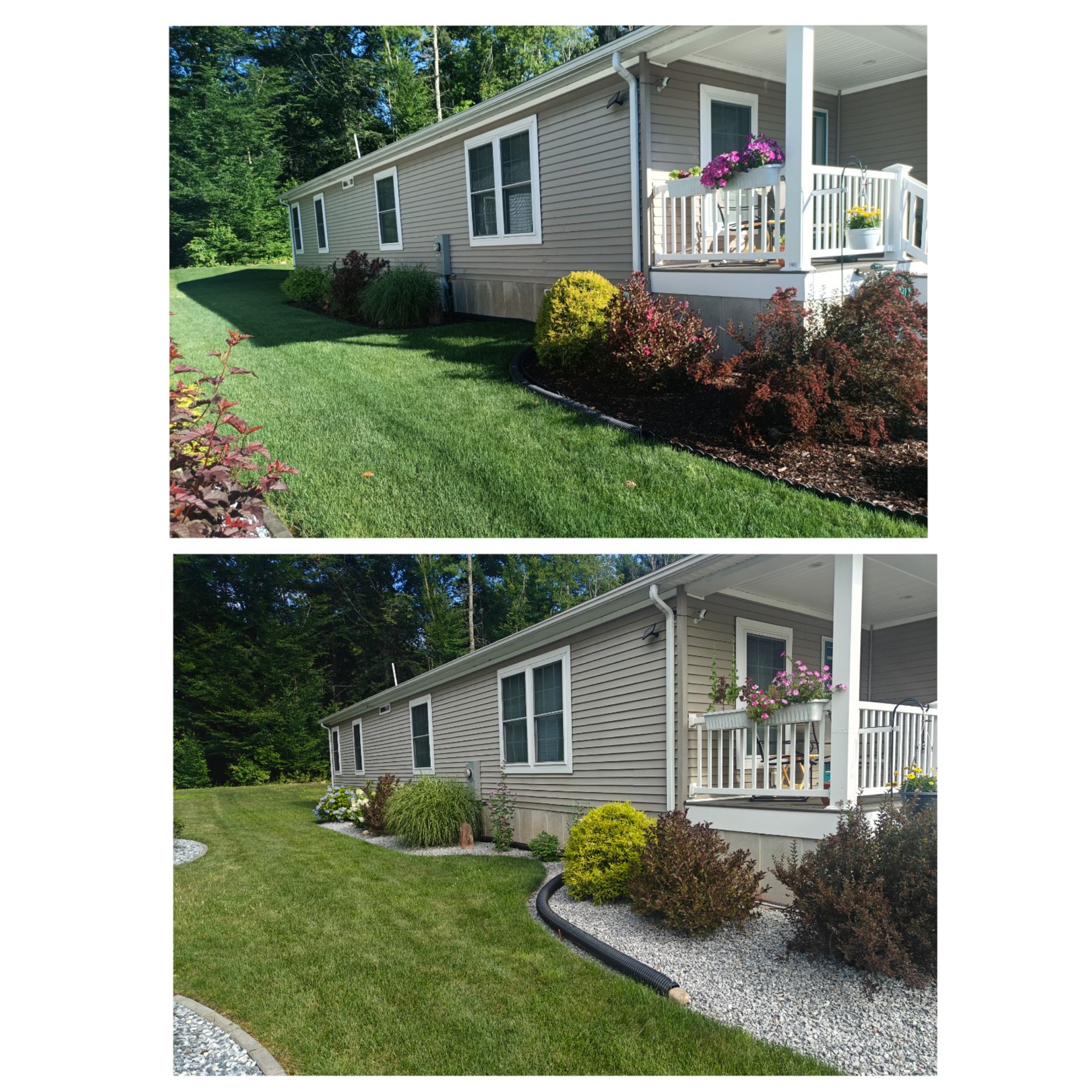 A before and after picture of a mobile home