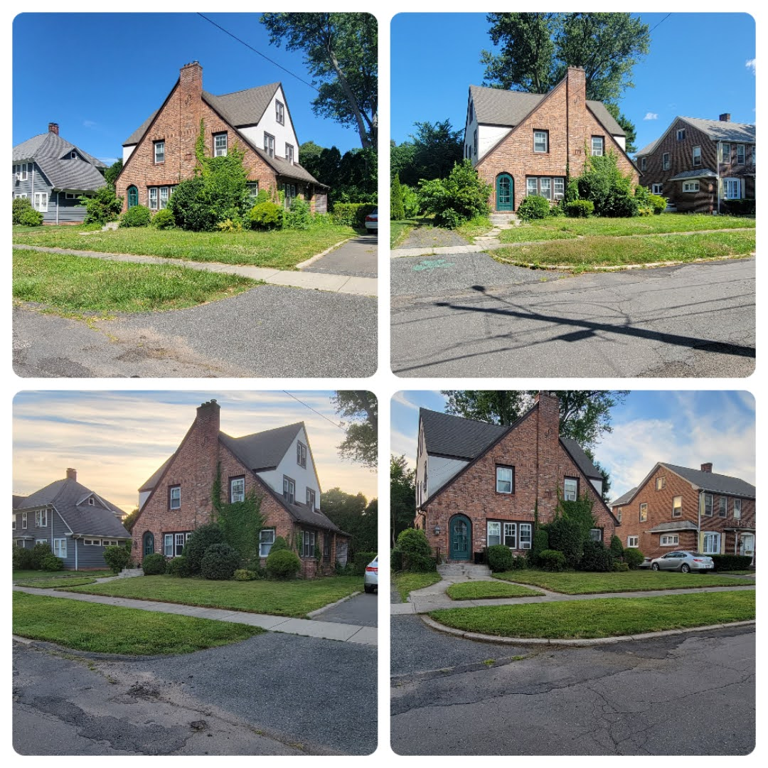 A collage of four pictures of a brick house