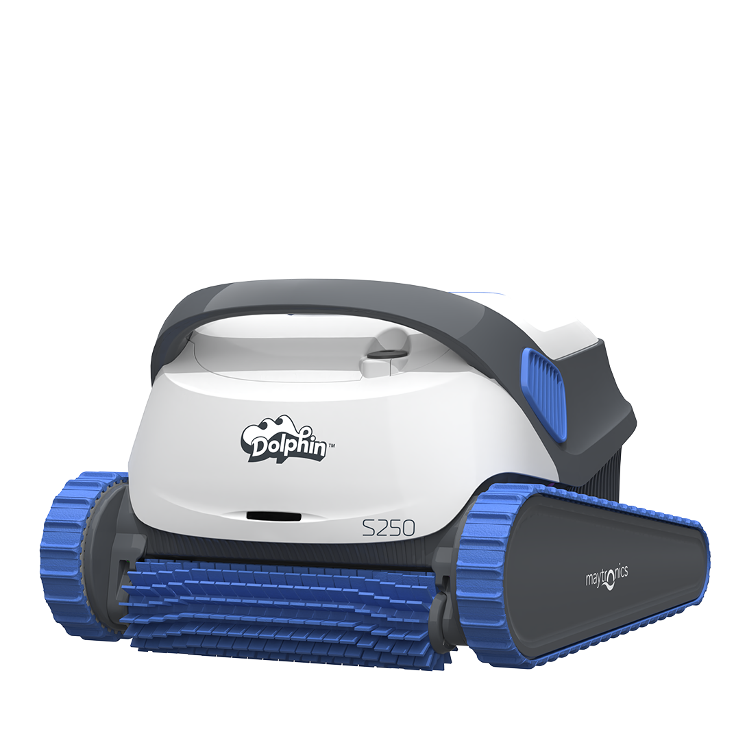 Dolphin S250 Robotic Pool Cleaner, White and Gray With Blue Treads and Brushes — Port Douglas Pool Shop in Mossman, QLD