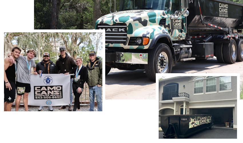 Group of men with a banner and a camouflage dump truck from