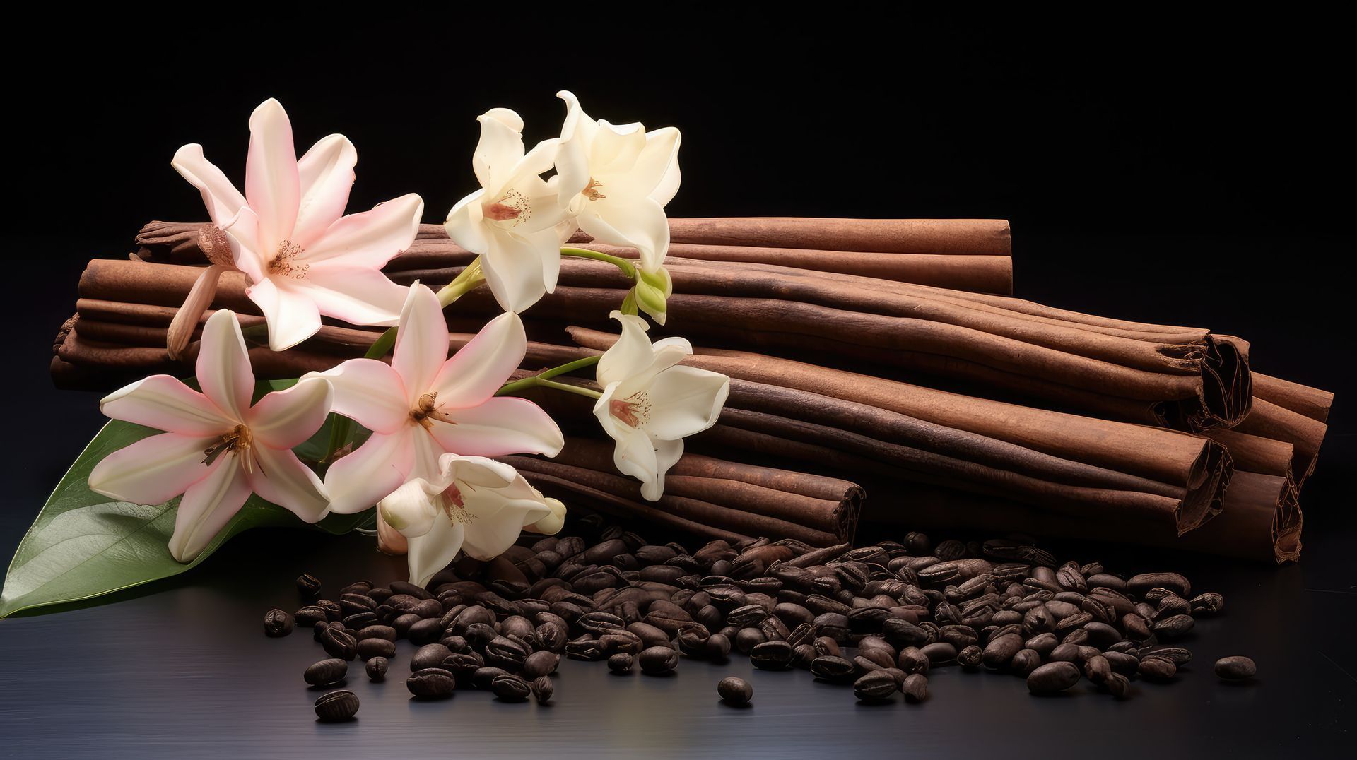 Pink hyacinth flowers with cinnamon sticks and coffee beans on a black background.