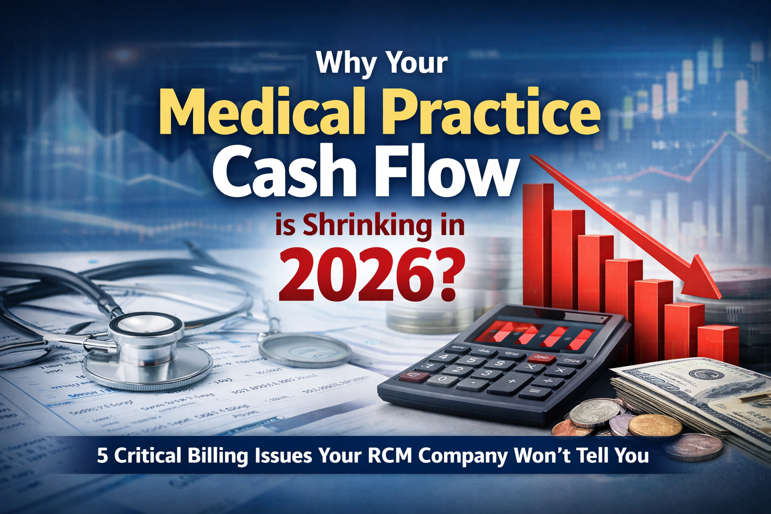 Medical billing and revenue cycle management concept showing declining cash flow in 2026 with calcul