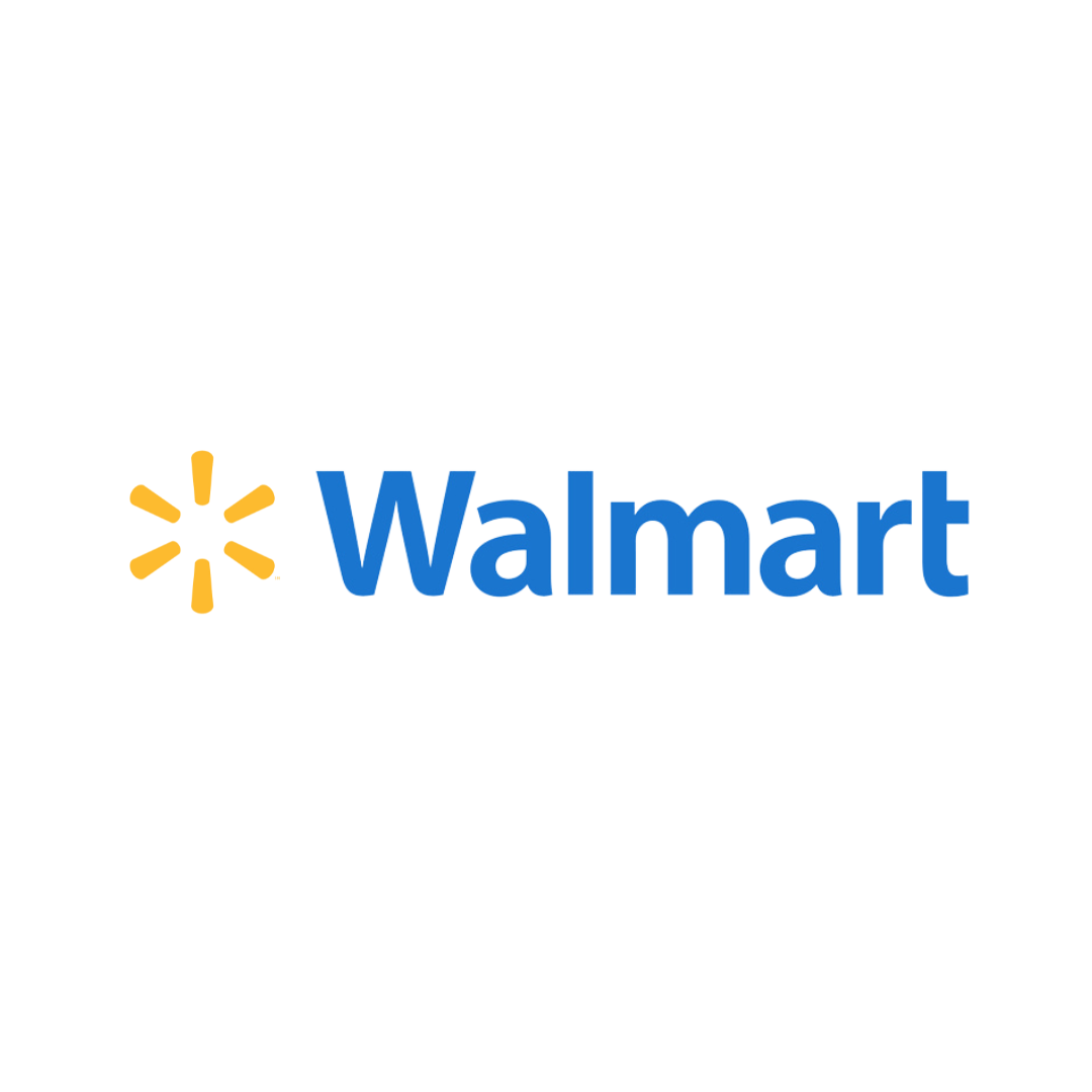 Walmart logo: Blue text next to a yellow sunburst design on a white background.
