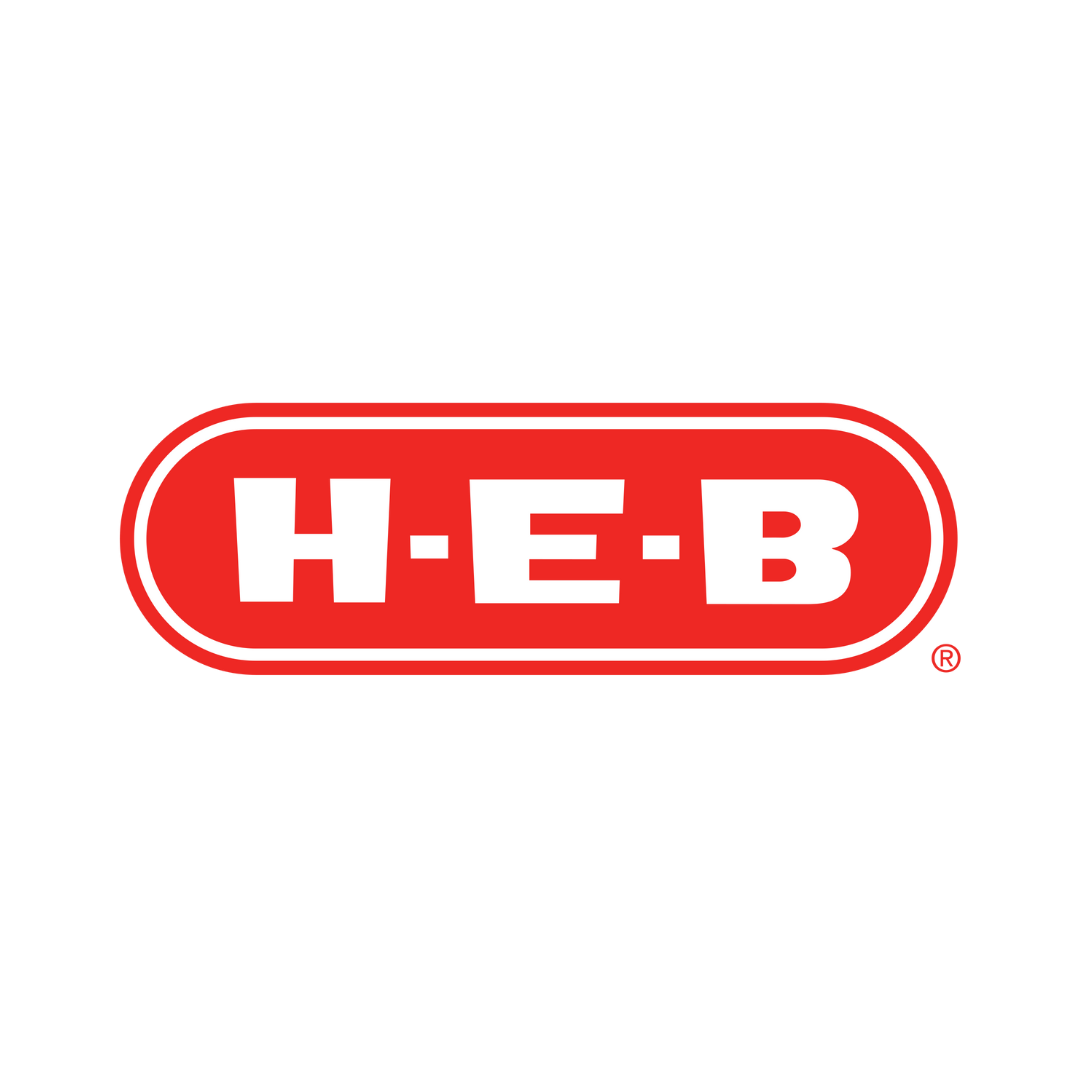 H-E-B grocery store logo: White letters on a red, oval-shaped background.