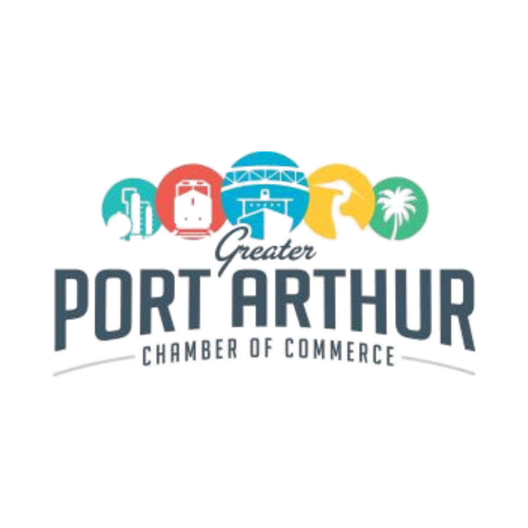 Greater Port Arthur Chamber of Commerce logo with city icons atop text in blue and gray.