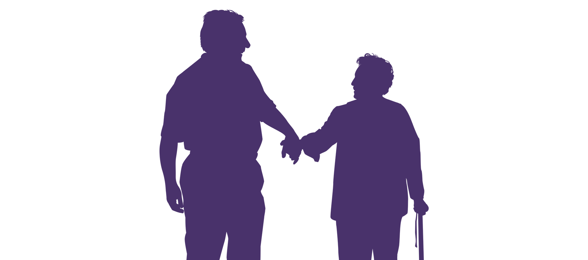Silhouette of two people holding hands, walking forward. One uses a cane. Purple on white background.