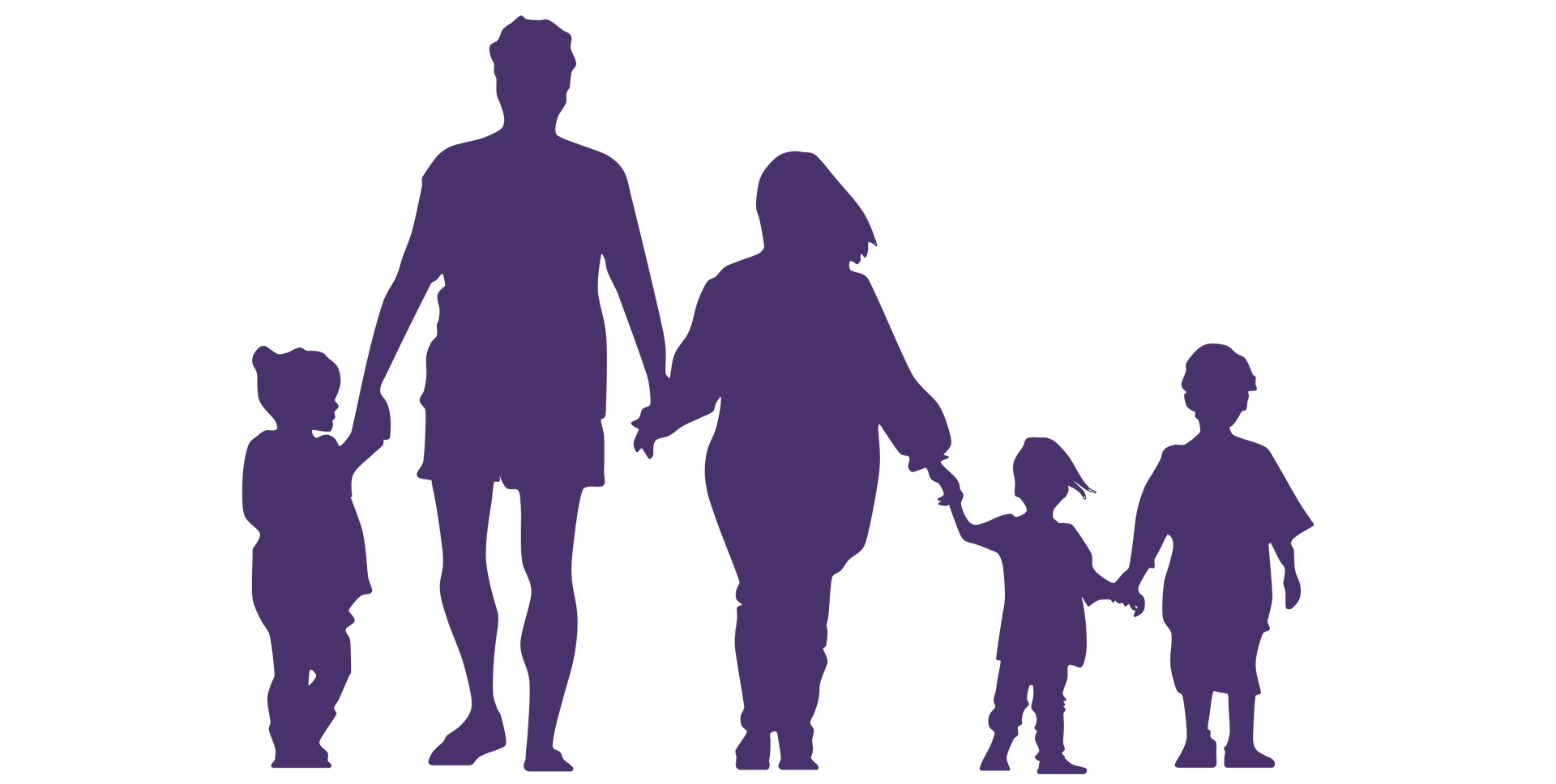 Purple silhouette of family holding hands: parents with three children.