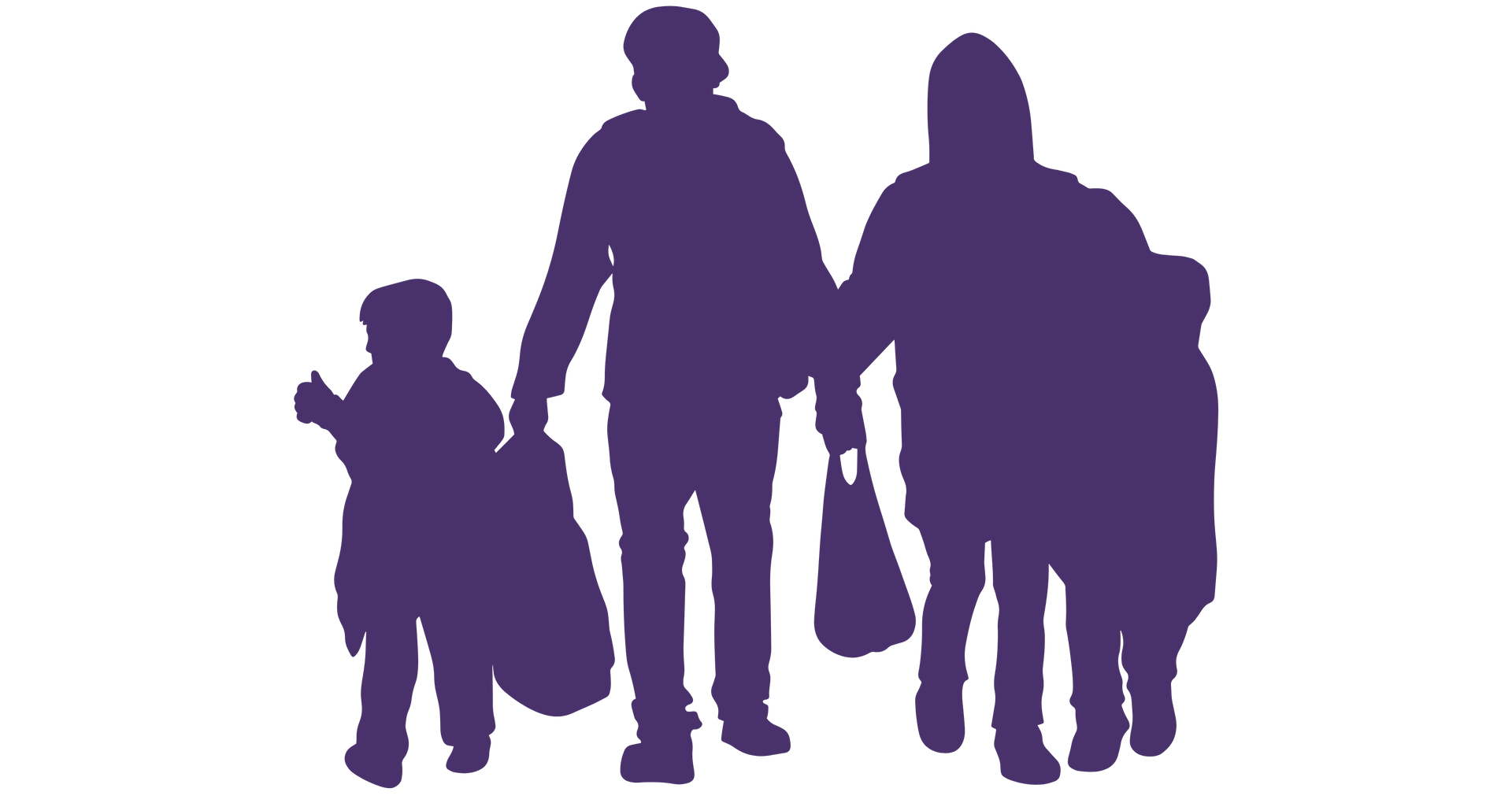Purple silhouette of a family, holding hands and bags, walking together.