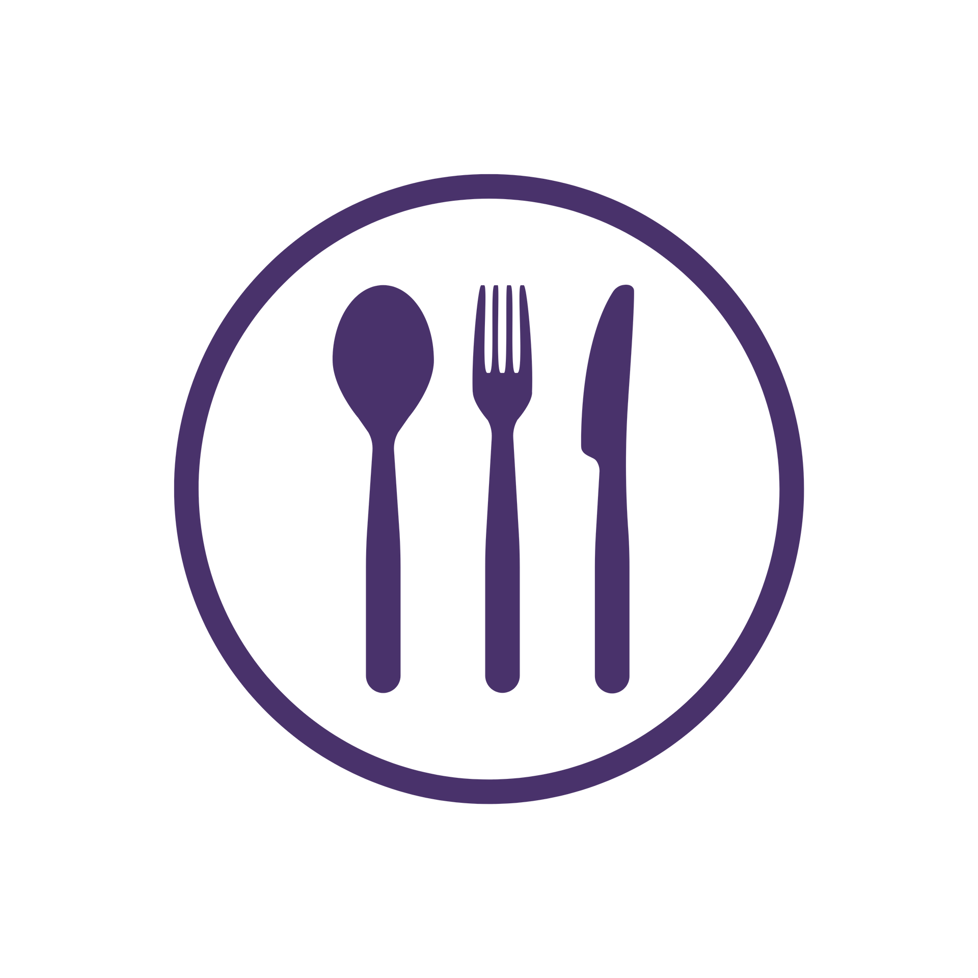 Purple circular icon with spoon, fork, and knife; dining symbol.