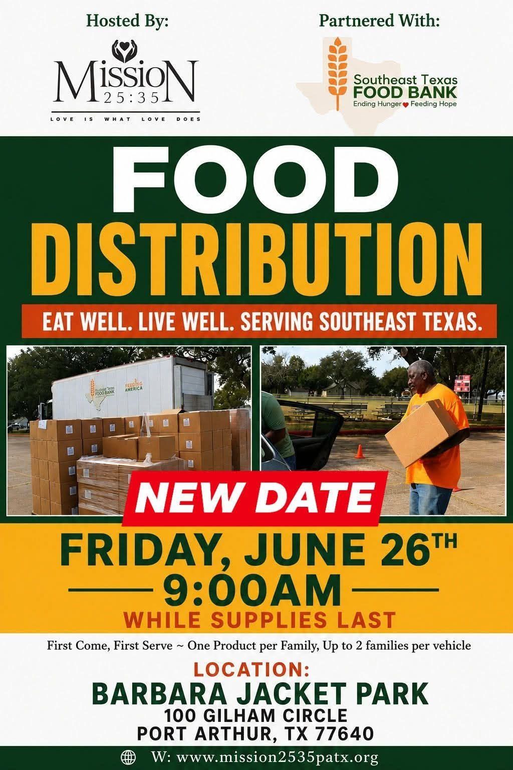 Food distribution event flyer with boxes of supplies and new date: Friday, June 26, 9:00 AM at Barbara J. Cantek Park.
