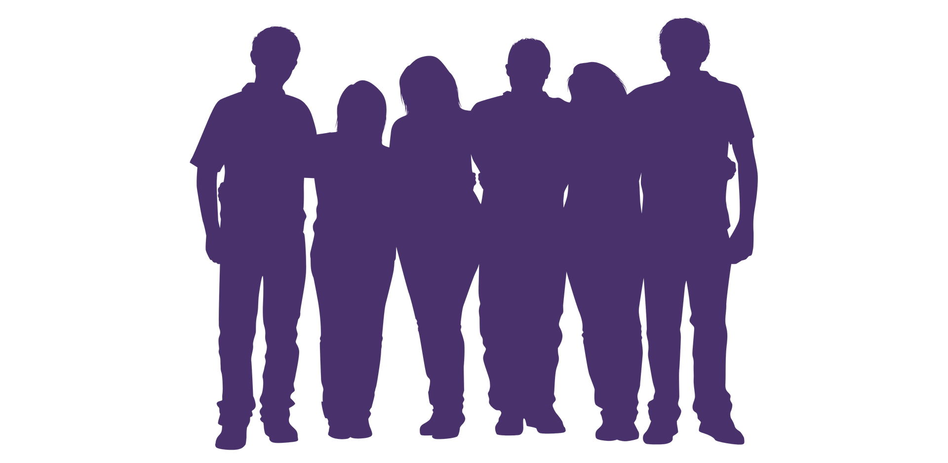 Silhouettes of six people standing close together in purple.
