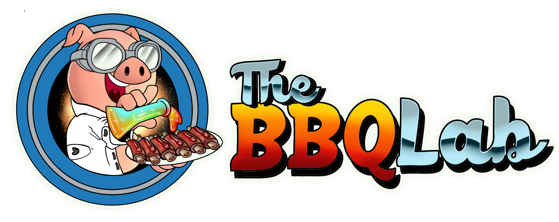 Cartoon pig in goggles holding ribs,