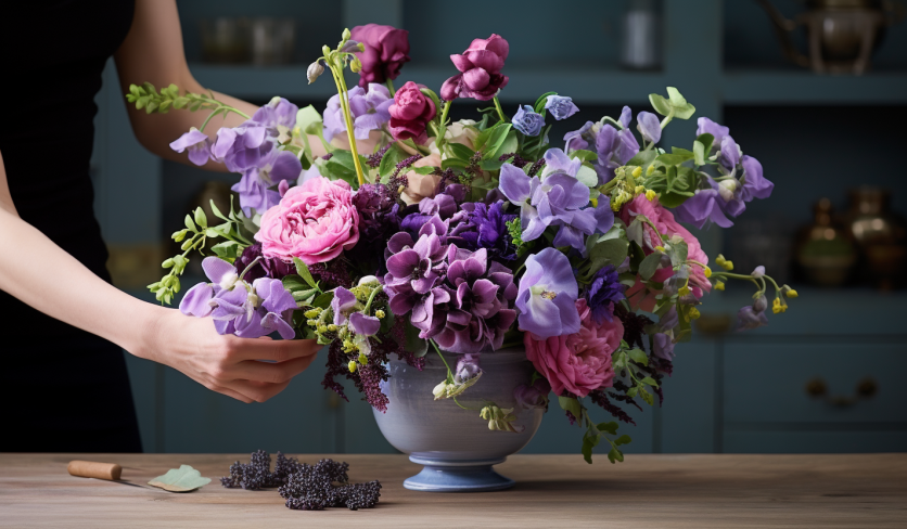 woman arranging flowers in the countertop