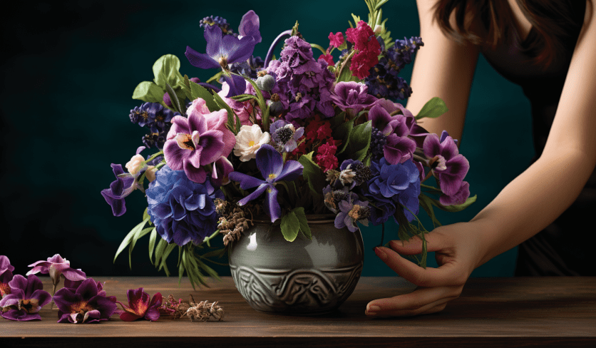 woman arranging the flowers in vase for centerpiece