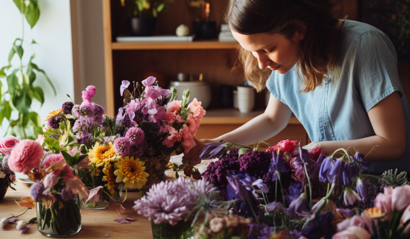 woman designing a stunning decoration for rustic centerpiece