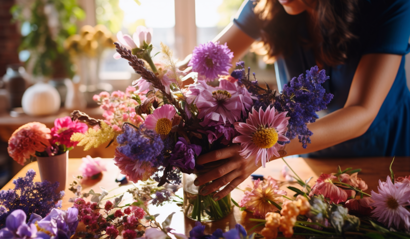 woman arranging flowers for wedding floral centerpieces