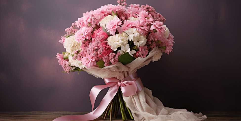 pink and white flowers bouquet with pink ribbon