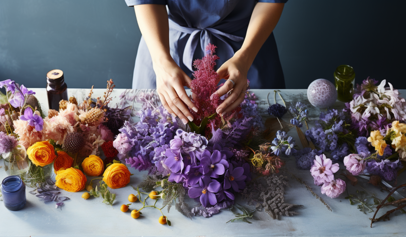 a florist arranging and decorating flowers