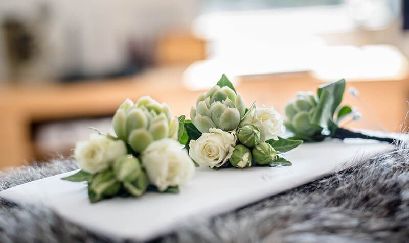 A white plate topped with white roses and green succulents.
