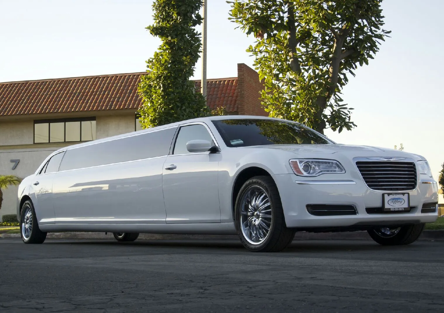 A white limousine is parked on the side of the road in front of a building.