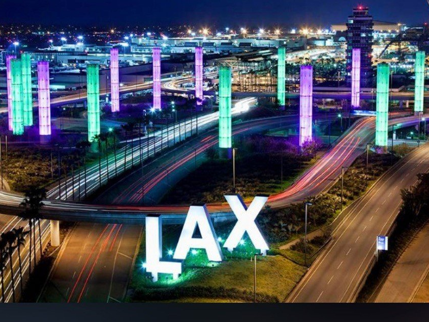 An aerial view of the lax airport at night