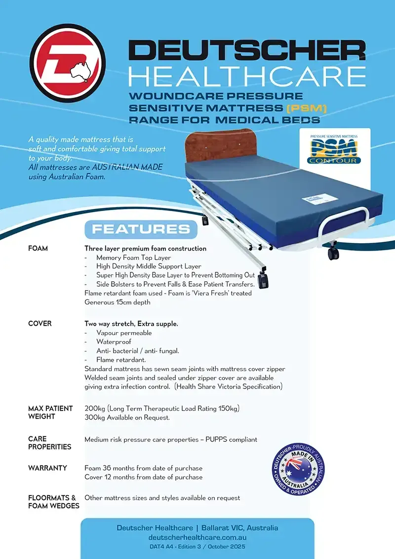 Download Brochure Download the Pressure Sensitive Mattress product brochure from Deutscher Healthcare