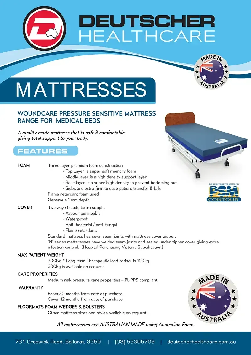 Download Brochure Download the Pressure Sensitive Mattress product brochure from Deutscher Healthcare