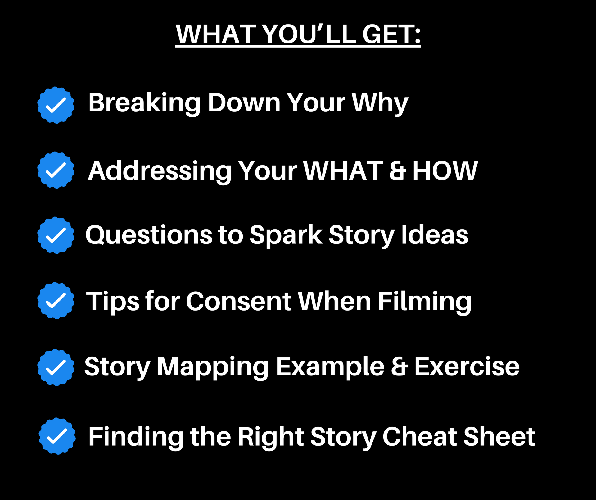 A black background with blue circles that say what you 'll get