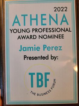 2022 Athena Young Professional Award nominee plaque for Jamie Perez, presented by TBF The Business Forum