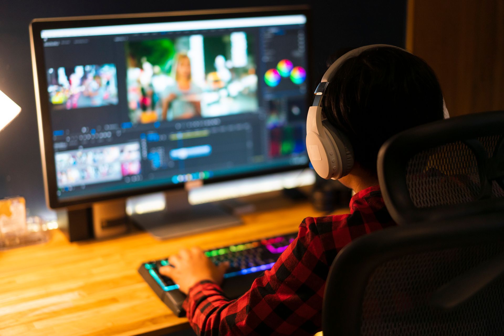 A person wearing headphones is playing a video game on a computer.