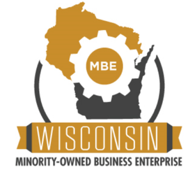 Wisconsin Minority-Owned Business Enterprise logo with gold and gray gear-shaped state outline
