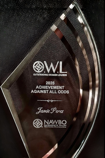 Glass award plaque reading 2028 Achievement Against All Odds, with OWL and NAWBO logos, on a dark background