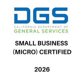 California DGS Small Business (Micro) Certified badge, blue, green, black, and white, with 2026 date