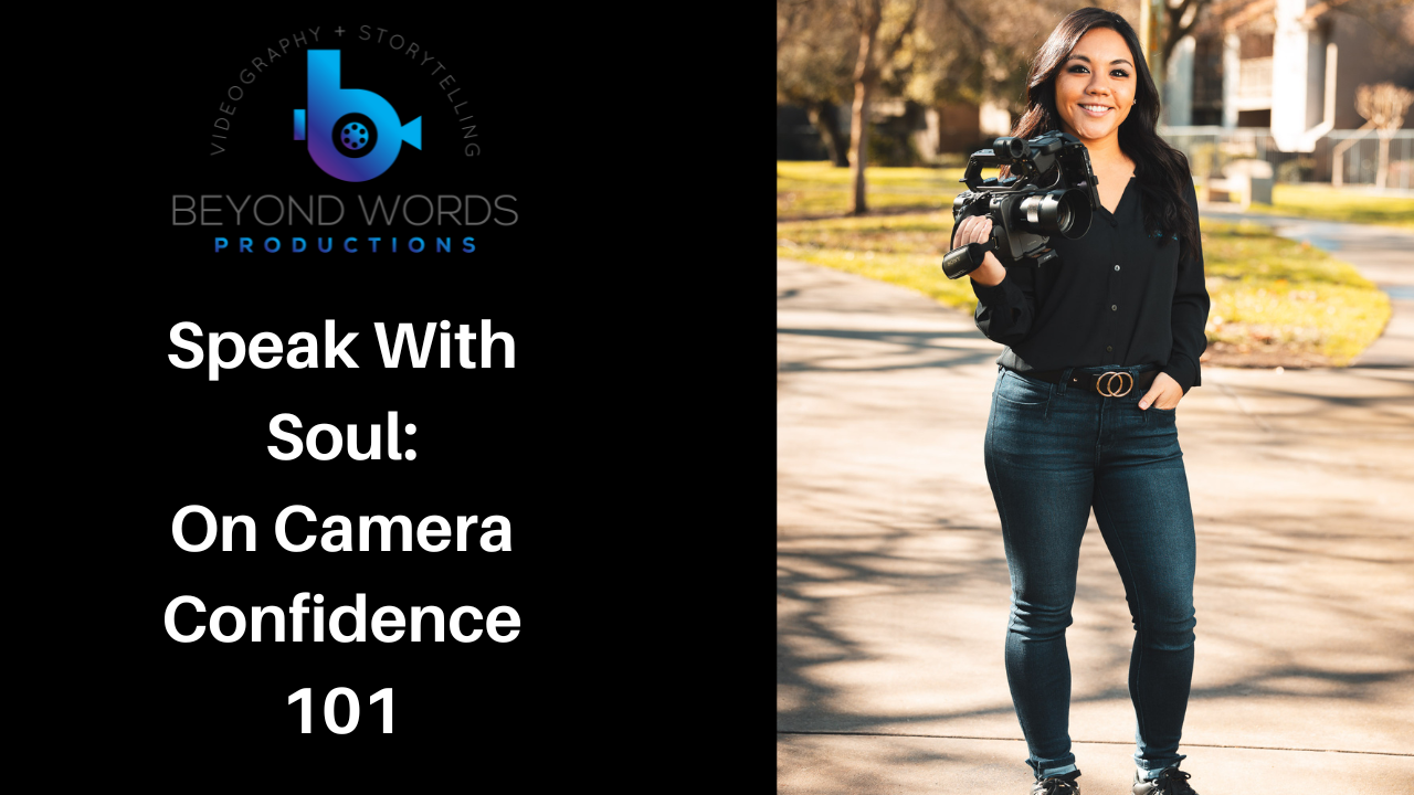 A woman is holding a camera in front of a sign that says speak with soul on camera confidence 101. A woman is holding a camera in front of a sign that says speak with soul on camera confidence 101.