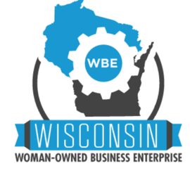 Wisconsin Woman-Owned Business Enterprise logo with blue WBE gear emblem and state silhouette