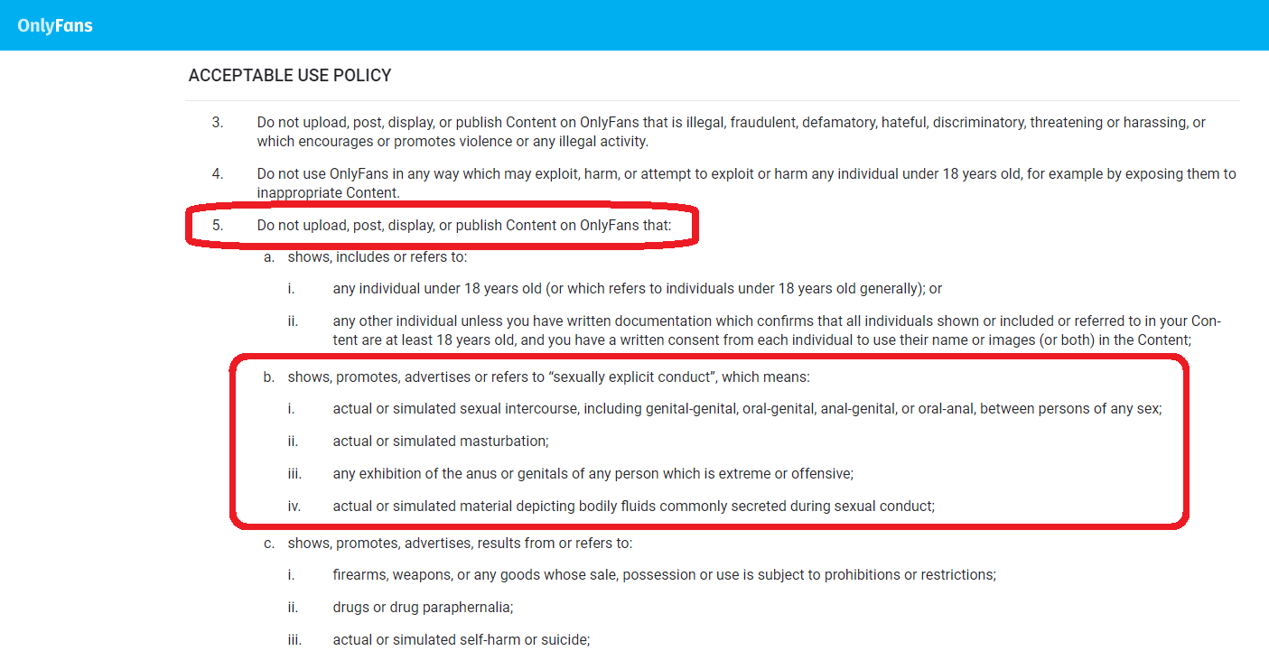 Onlyfans New Acceptible Use Policy detailing the ban on sexually explicit content.